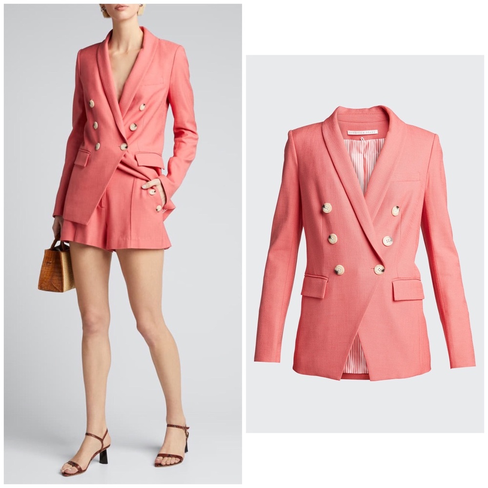 $695 Veronica Beard Oskar Coral Red Double-Breasted Dickey Jacket Blazer Size 2